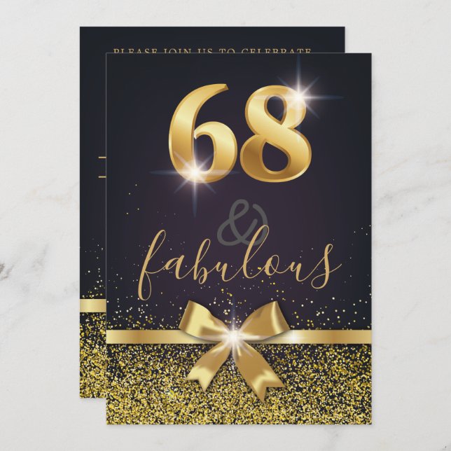 Elegant 68 & Fabulous Guld Glitter 68:e födelsedag Inbjudningar (Fram/baksida)
