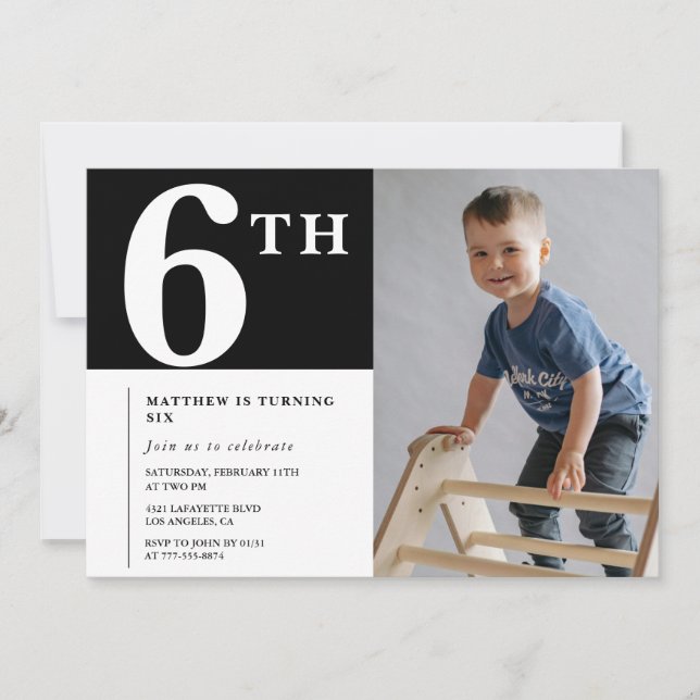 Elegant 6-års födelsedagsinbjudan Svart Pojke Foto Inbjudningar (Framsida)