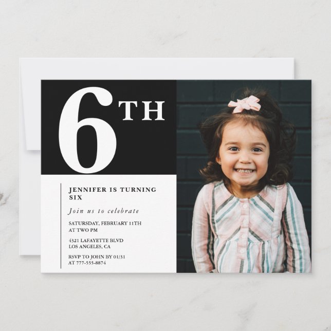 Elegant 6-års inbjudan Svart Chic Foto (Framsida)