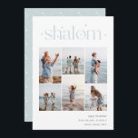 Elegant 6 Photo Collage Shalom Hanukkah Julkort<br><div class="desc">glädje med dessa moderna Hanukkah-helgdagskort som innehåller 6 av dina favoritfoton i en rutnätslayout. "Shalom" visas överst i den sammankopplade texten med små stjärnor. Anpassa med din Julhälsningar,  familj namn och året i nedre högerna.</div>