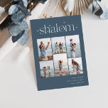 Elegant 6 Photo Collage Shalom Hanukkah Julkort<br><div class="desc">glädje med dessa moderna Hanukkah-helgdagskort som innehåller 6 av dina favoritfoton i en rutnätslayout. "Shalom" visas överst i den sammankopplade texten med små stjärnor. Anpassa med din Julhälsningar,  familj namn och året i nedre högerna.</div>