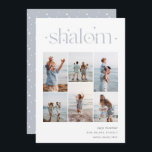 Elegant 6 Photo Collage Shalom Hanukkah Julkort<br><div class="desc">glädje med dessa moderna Hanukkah-helgdagskort som innehåller 6 av dina favoritfoton i en rutnätslayout. "Shalom" visas överst i den sammankopplade texten med små stjärnor. Anpassa med din Julhälsningar,  familj namn och året i nedre högerna.</div>