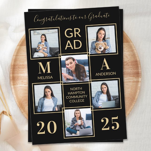 Elegant 6 Photo Personlig Black Guld Studenten Inbjudningar (Skapare uppladdad)