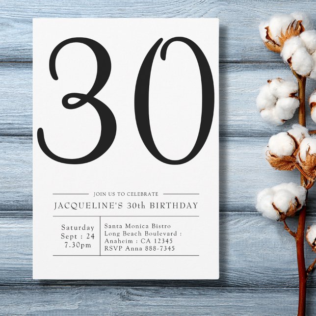 Elegant 70 30års födelsedag Simple Party Inbjudningar (modern simple black and white 30th birthday invitation on a blue wood background.)