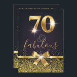 Elegant 70 & 70th födelsedag för sagolikt guld- inbjudningar<br><div class="desc">Elegant snyggtsvart och 70th födelsedaginbjudan för guld. Designsärdrag av guld- glitter och guld- sparkly pilbåge på bekläda såväl som guld omkullkastar 70. Tillfoga partyet specificerar på baksidaen.</div>
