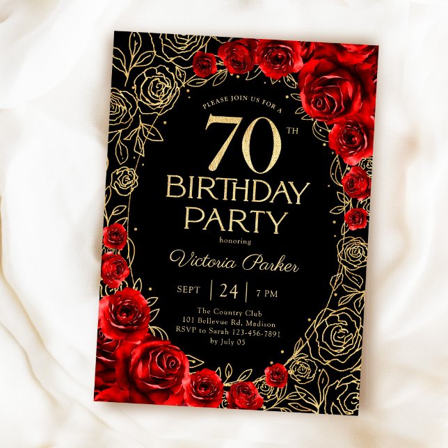 Elegant 70-årsdag Röd Svart & Guld Blommig Inbjudningar (Skapare uppladdad)