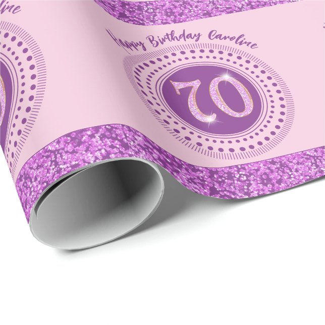 Elegant 70-årsdag Rosa Glitter med Ränder Presentpapper (Rullad Hörn)
