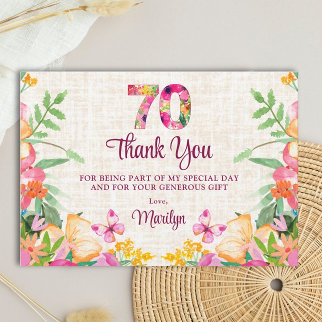 Elegant 70-årsdagstacka i blomsterlinne tack kort (Skapare uppladdad)