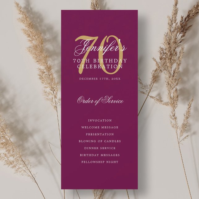 Elegant 70-årsfestprogram Magenta Guld  Inbjudningar (Elegant 70th Birthday Party Program Magenta Gold )