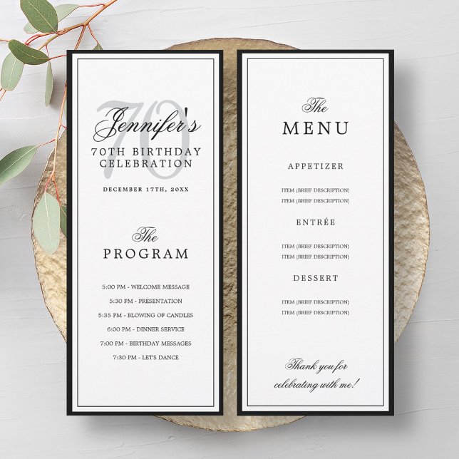 Elegant 70-årsfestprogram + Meny  Inbjudningar (Elegant 70th Birthday Party Program + Menu )