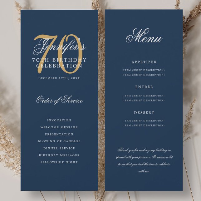 Elegant 70-årsfirande Program Guld Marinblå Meny+T (Elegant 70th Program Gold Navy Blue Menu+Thank You)