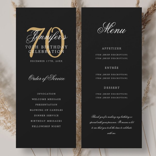 Elegant 70-årsfirande Program Guld Svart Meny+Tack (Elegant 70th Program Gold Black Menu+Thank You)