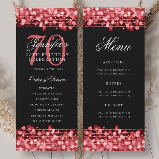 Elegant 70-årsfirande-program Ruby Red med meny Inbjudningar (Elegant 70th Birthday Program Ruby Red w/ Menu)