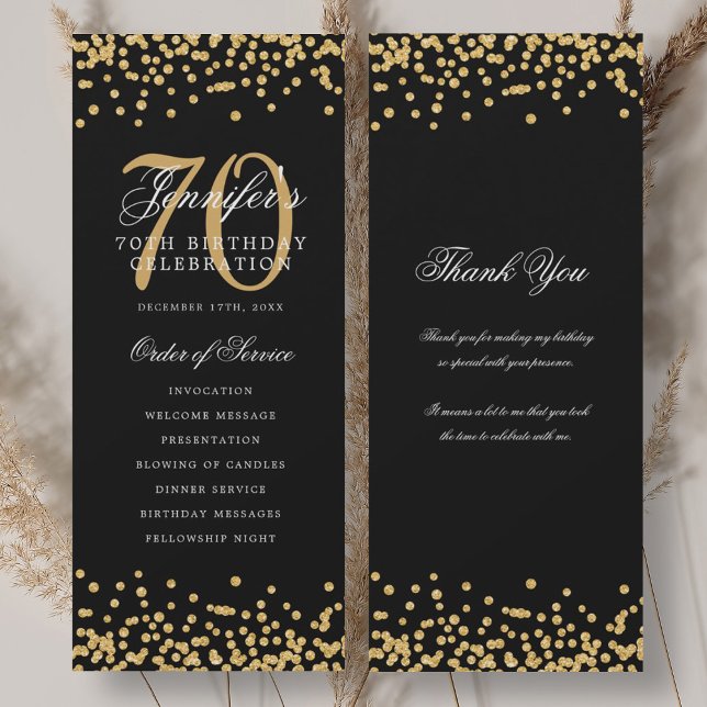 Elegant 70-årsfirande Program Tack Gold Black (Elegant 70th Birthday Program Thank You Gold Black)