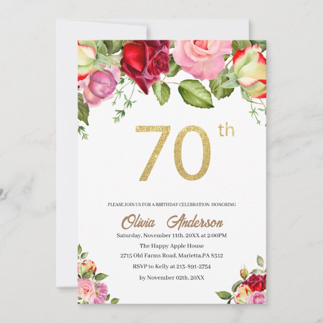 Elegant 70-årsfirande vattenfärg Glit Inbjudningar (Framsida)