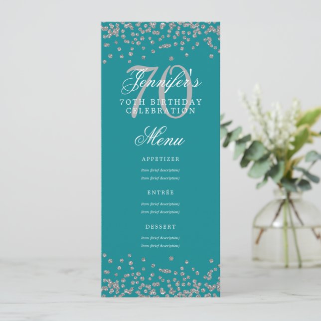 Elegant 70:e födelsedag Menu Silver Konfetti Teal Inbjudningar (Stående Fram)