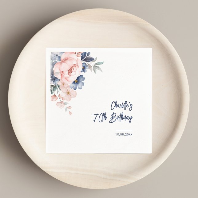 Elegant 70:e födelsedag Rosa Blommigt Party Papper Pappersservett (Blush Pink Floral 70th Birthday Party Paper Napkins)