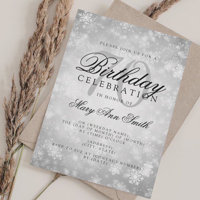 Elegant 70:e födelsedag Silver Winter Wonderland Inbjudningar (Elegant 70th Birthday Silver Winter Wonderland Invitation)