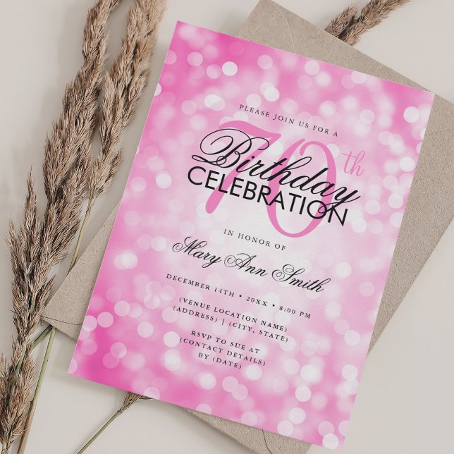 Elegant 70:e födelsedagen Glam Shock rosa Shimmer  Inbjudningar (Elegant 70th Birthday Glam Hot Pink Shimmer Light Invitation)