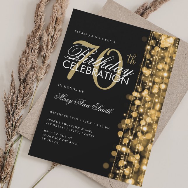 Elegant 70:e födelsedagen Glam Sparkles Guld & Bla Inbjudningar (Elegant 70th Birthday Glam Sparkles Gold & Black Invitation)