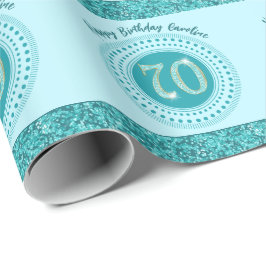 Elegant 70:e födelsedagen Teal Blue Glitter & Rand Presentpapper