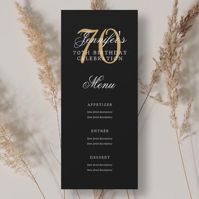 Elegant 70:e Födelsedagsfesten Menu Guld Black Inbjudningar (Elegant 70th Birthday Party Menu Gold Black Invitation)