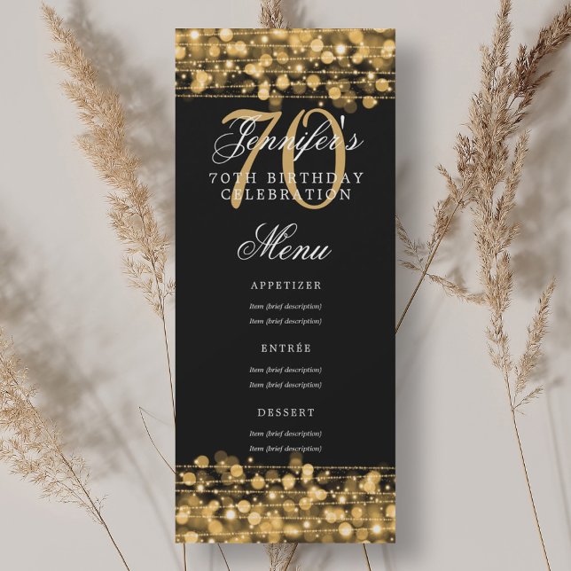 Elegant 70:e Födelsedagsfesten Menu Guld Ljus Inbjudningar (Elegant 70th Birthday Party Menu Gold Lights Invitation)