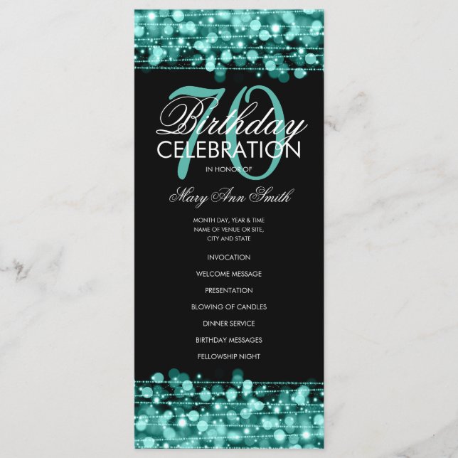 Elegant 70:e Födelsedagsfesten Program Teal Menu (Framsida)