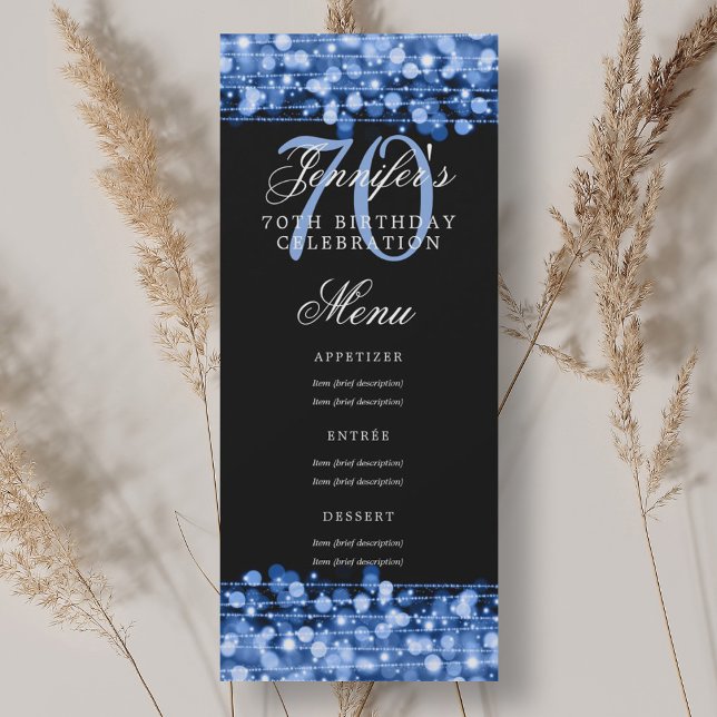 Elegant 70:e Födelsedagsfesten - Tunga Ljus Inbjudningar (Elegant 70th Birthday Party Menu Navy Blue Lights Invitation)