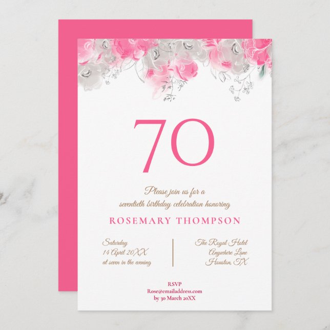 Elegant 70:e Födelsedagsfestens Rosa för ömtåliga  Inbjudningar (Fram/baksida)
