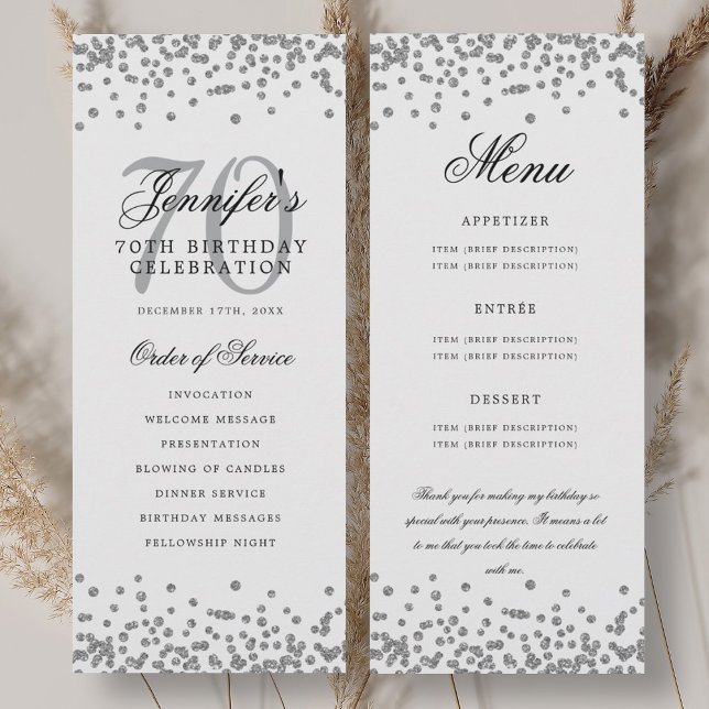 Elegant 70:e födelsedagsmenyn - tack Silver Inbjudningar (Elegant 70th Birthday Program Menu Thank U Silver )
