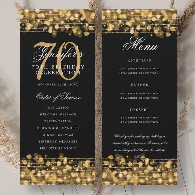 Elegant 70:e födelsedagsprogrammet Guld Menu+Tack Inbjudningar (Elegant 70th Birthday Program Gold Menu+Thank You)
