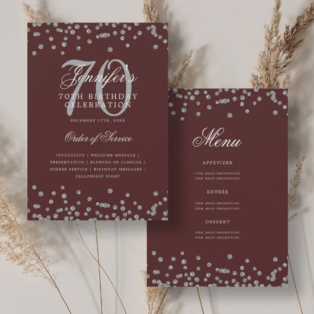 Elegant 70:e födelsedagsprogrammet Menu Silver Bur Inbjudningar (Elegant 70th Birthday Program Menu Silver Burgundy)