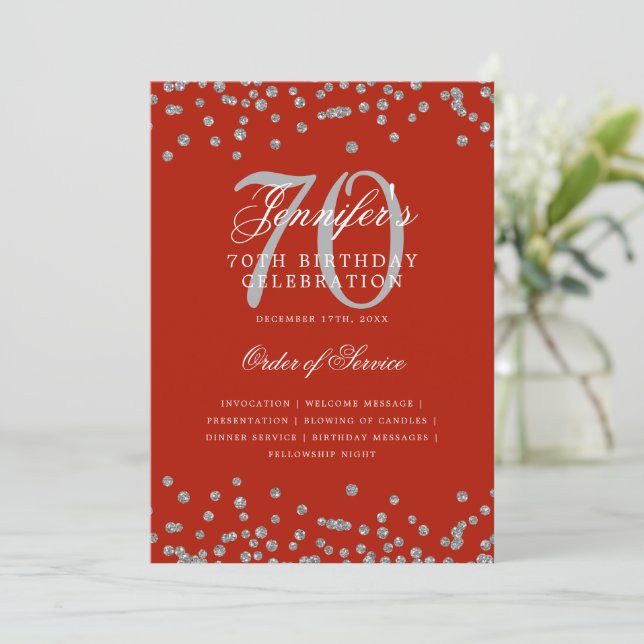 Elegant 70:e födelsedagsprogrammet Menu Silver Red Inbjudningar (Stående Fram)