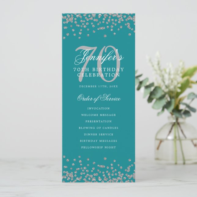 Elegant 70:e födelsedagsprogrammet Silver Menu Tea Inbjudningar (Stående Fram)