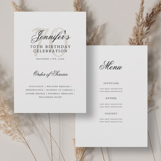 Elegant 70:e födelsedagsprogrammet Svartvit med me Inbjudningar (Elegant 70th Birthday Program Black White w/ Menu)