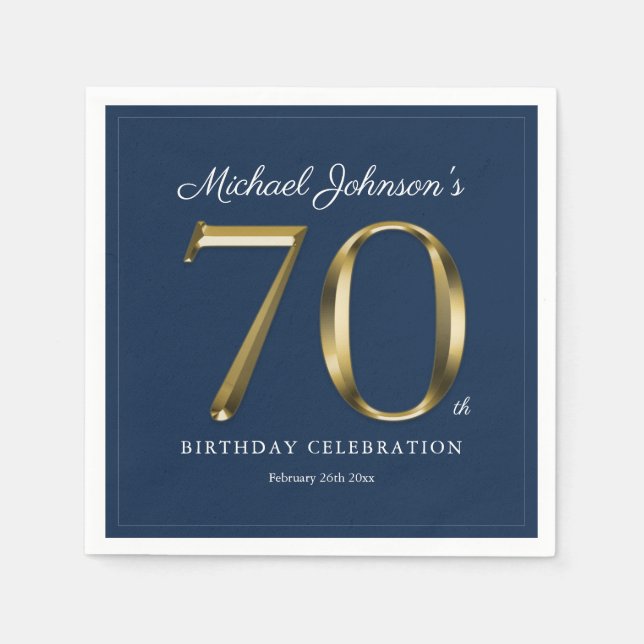 Elegant 70:e födelsedagstensfärgad Guld-textmarblå Pappersservett (Framsidan)