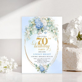 Elegant 70th Birthday Blue Hydrangea Gold Invites Inbjudningar