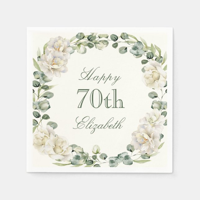 Elegant 70th Birthday Floral Greenery Pappersservett (Framsidan)