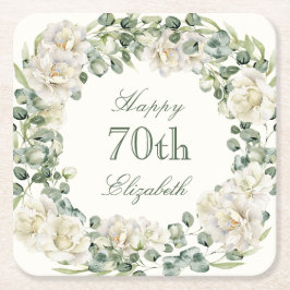 Elegant 70th Birthday Floral Greenery Underlägg Papper Kvadrat