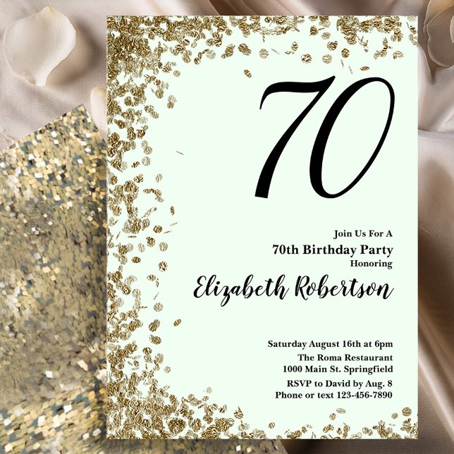 Elegant 70th Birthday Invitation Green Gold Sequin Inbjudningar (Skapare uppladdad)