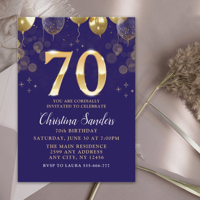 Elegant 70th Birthday Invitation with Gold Ballons Inbjudningar (Skapare uppladdad)