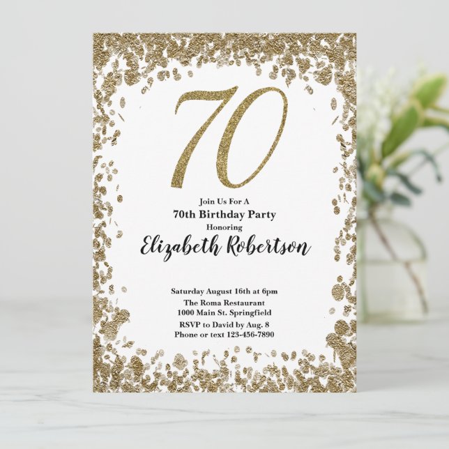 Elegant 70th Birthday Invitation With Gold Sequins Inbjudningar (Stående Fram)