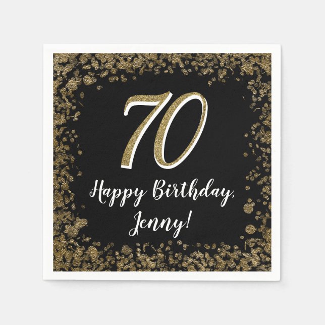 Elegant 70th Birthday Napkins Gold and Black Pappersservett (Framsidan)
