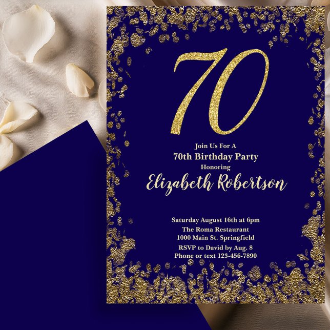 Elegant 70th Blue Birthday Invitation Gold Sequin Inbjudningar (Skapare uppladdad)