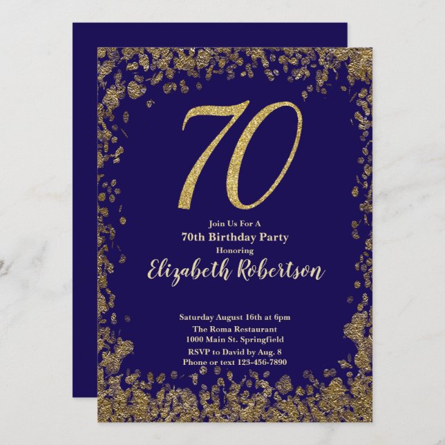 Elegant 70th Blue Birthday Invitation Gold Sequin Inbjudningar (Fram/baksida)