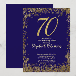 Elegant 70th Blue Birthday Invitation Gold Sequin Inbjudningar