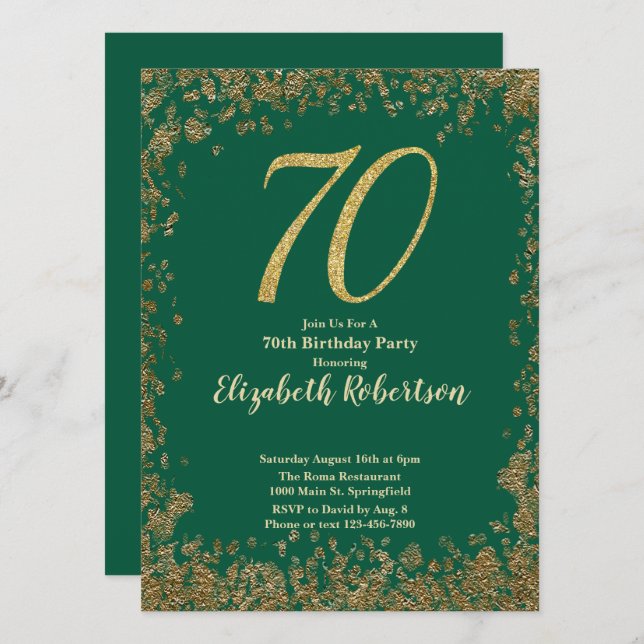 Elegant 70th Green Birthday Invitation Gold Sequin Inbjudningar (Fram/baksida)