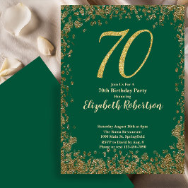 Elegant 70th Green Birthday Invitation Gold Sequin Inbjudningar
