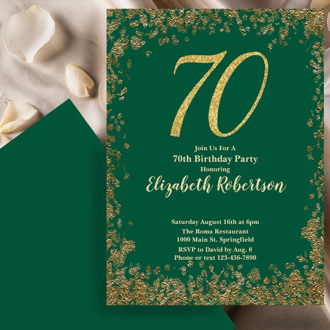 Elegant 70th Green Birthday Invitation Gold Sequin Inbjudningar (Skapare uppladdad)